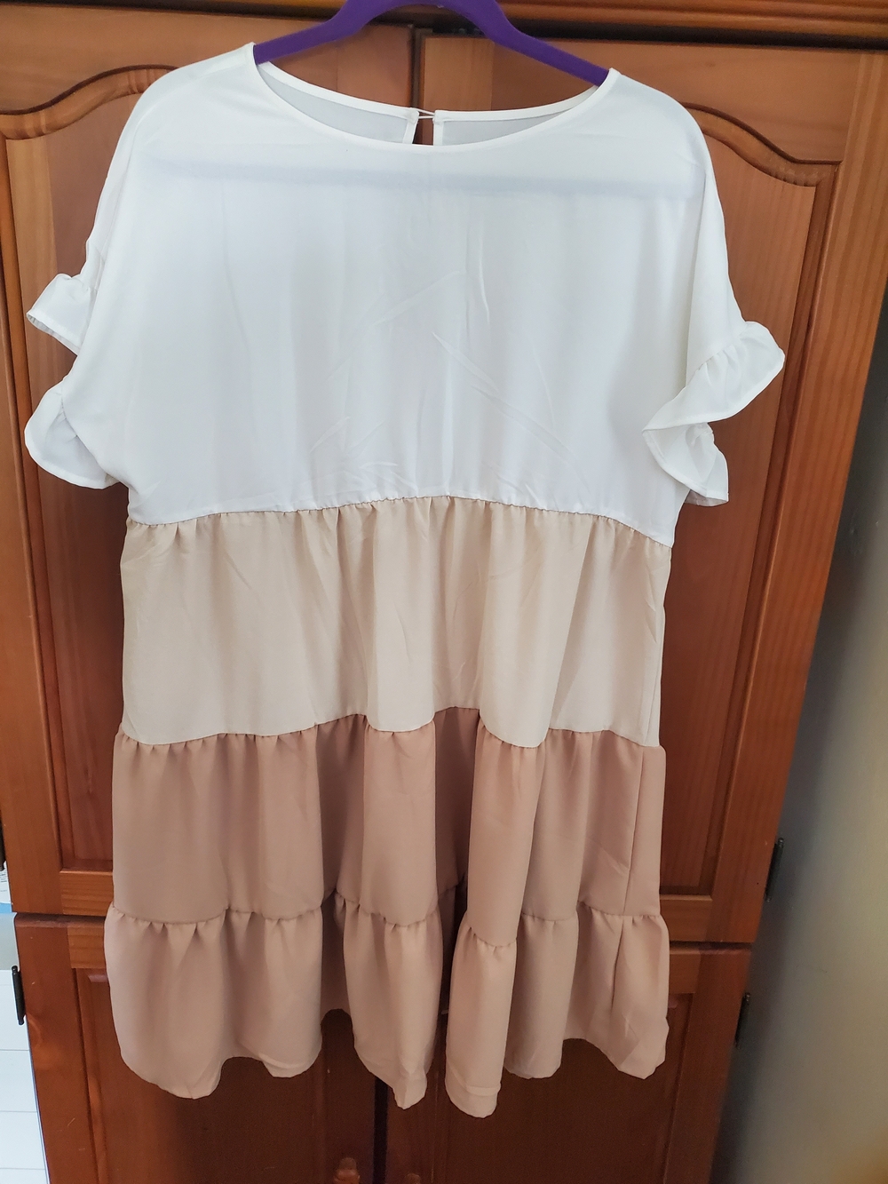 Colorblock Tiered Short Sleeve Dress - White, Cream, Light Brown